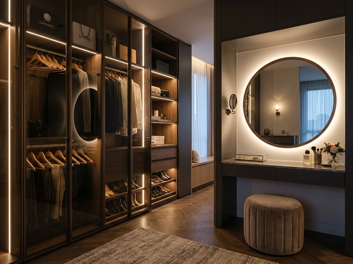 Smoked Glass Walk-in Wardrobe by Ken's Interiors